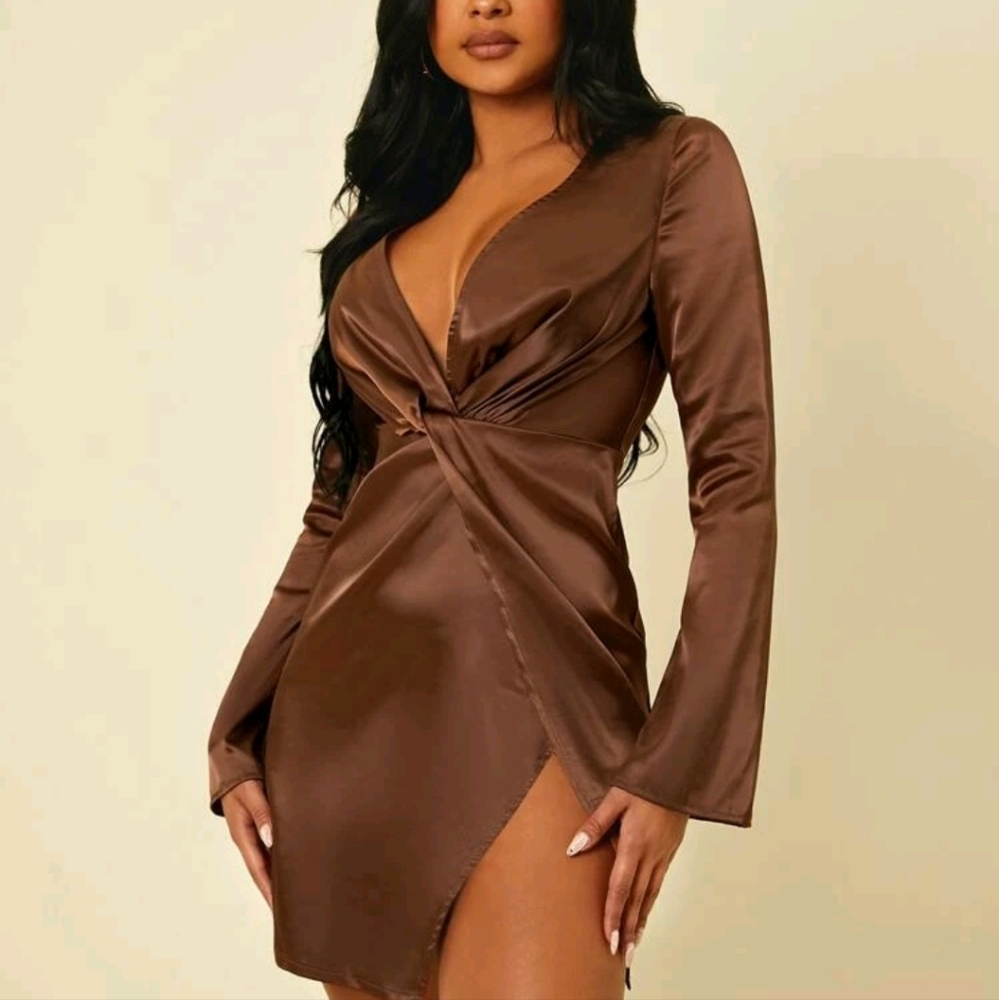 SHEIN SXY Plunging Neck Twist Front Wrap Satin Dress